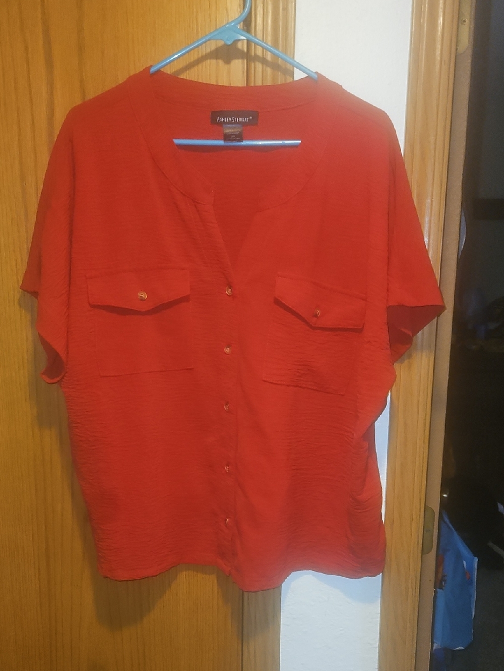 Ashley Stewart Red Short-Sleeve Button Front Shirt with Pockets